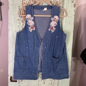 Embroidered Denim Vest with Floral Accents
